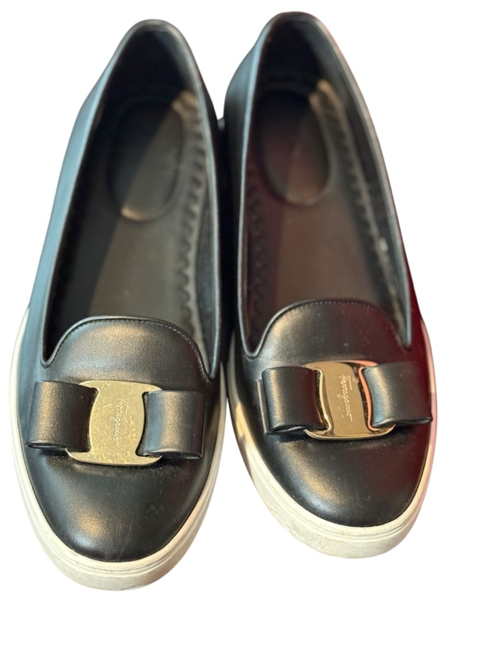 Salvatore Ferragamo Novello Black Leather Slip On Loafers Bow 8.5 C